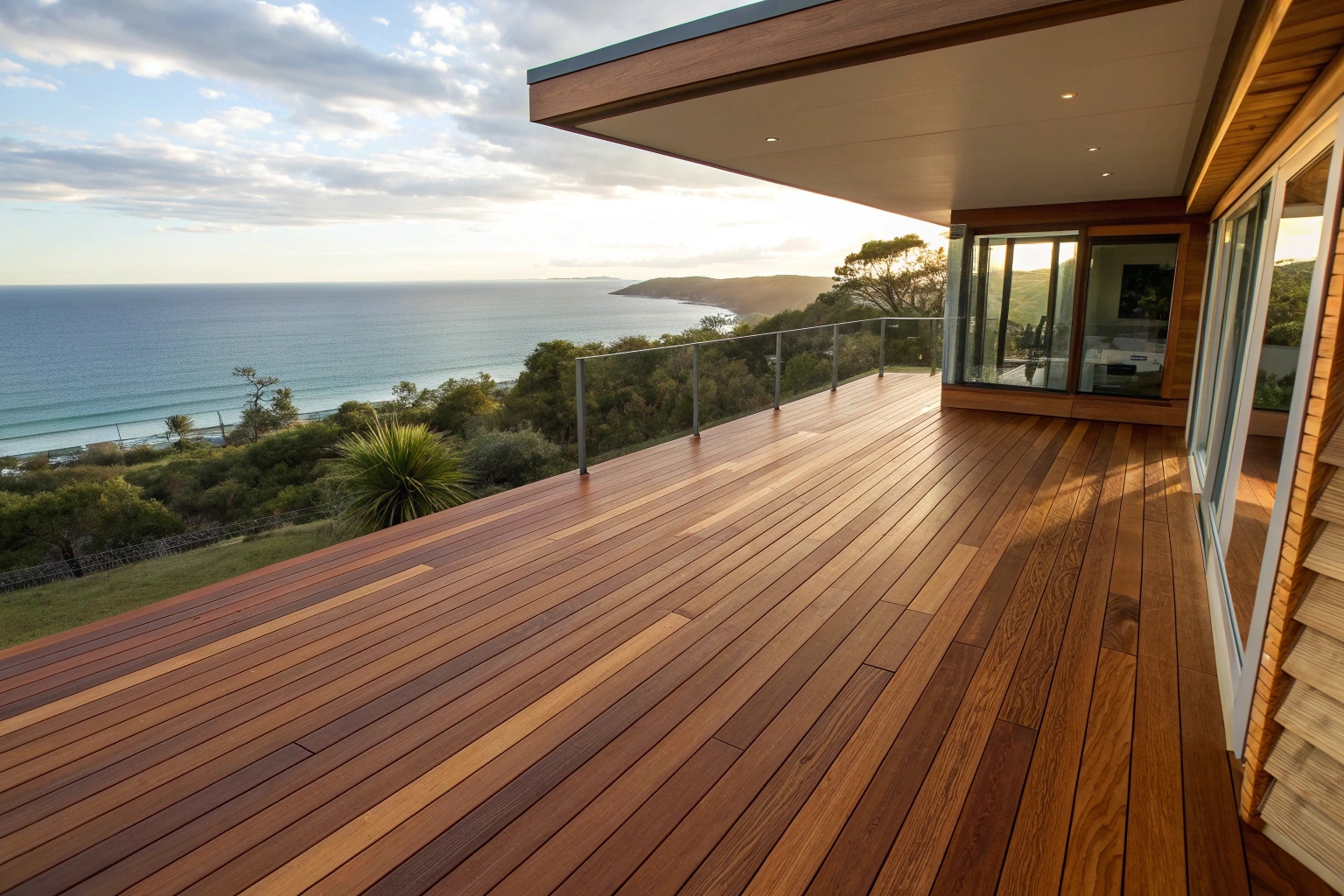 Premium Spotted Gum hardwood decking installation on Sunshine Coast home with ocean views