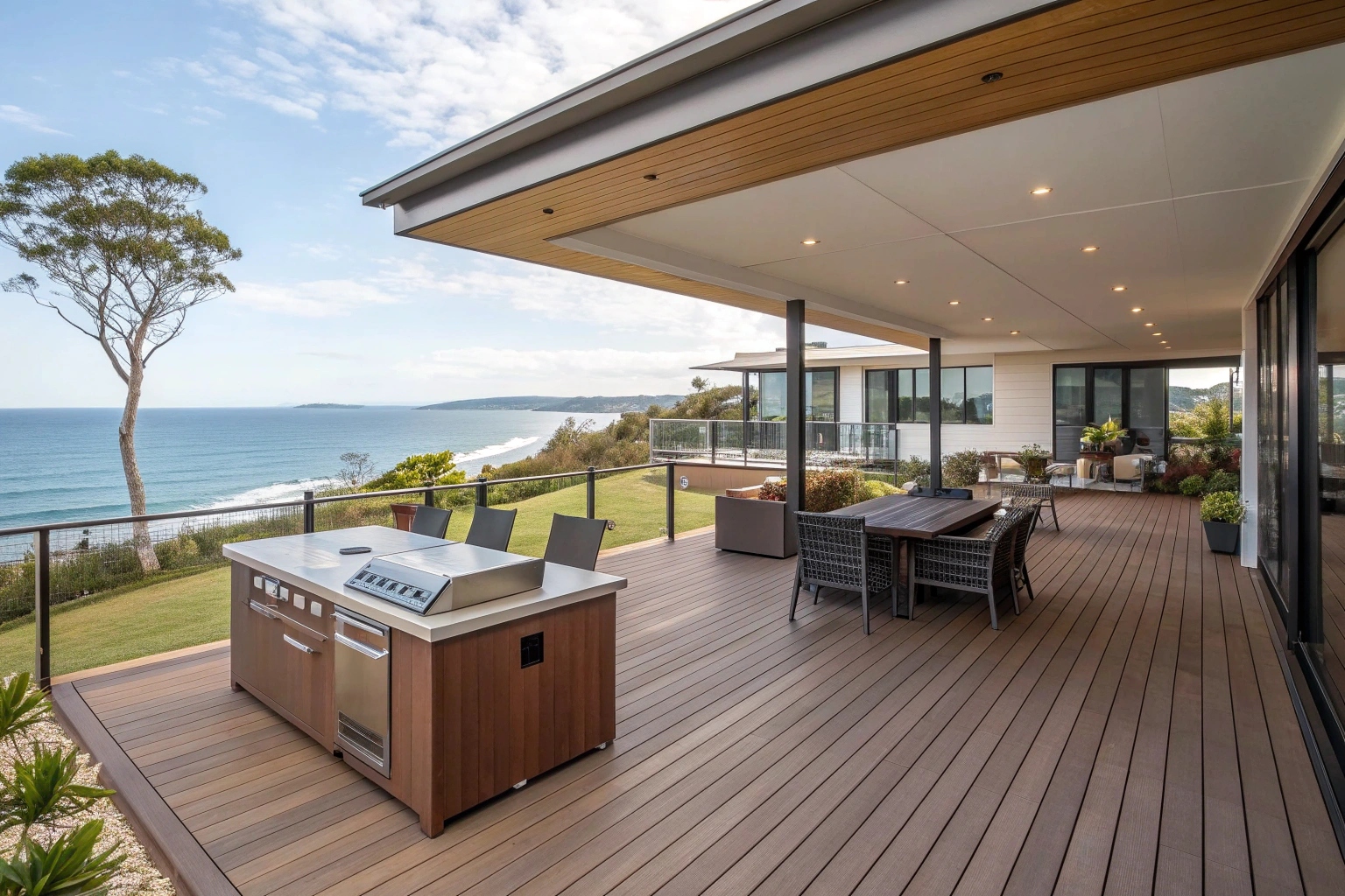 Stunning ModWood composite deck installation on Sunshine Coast home with coastal views and outdoor entertaining area
