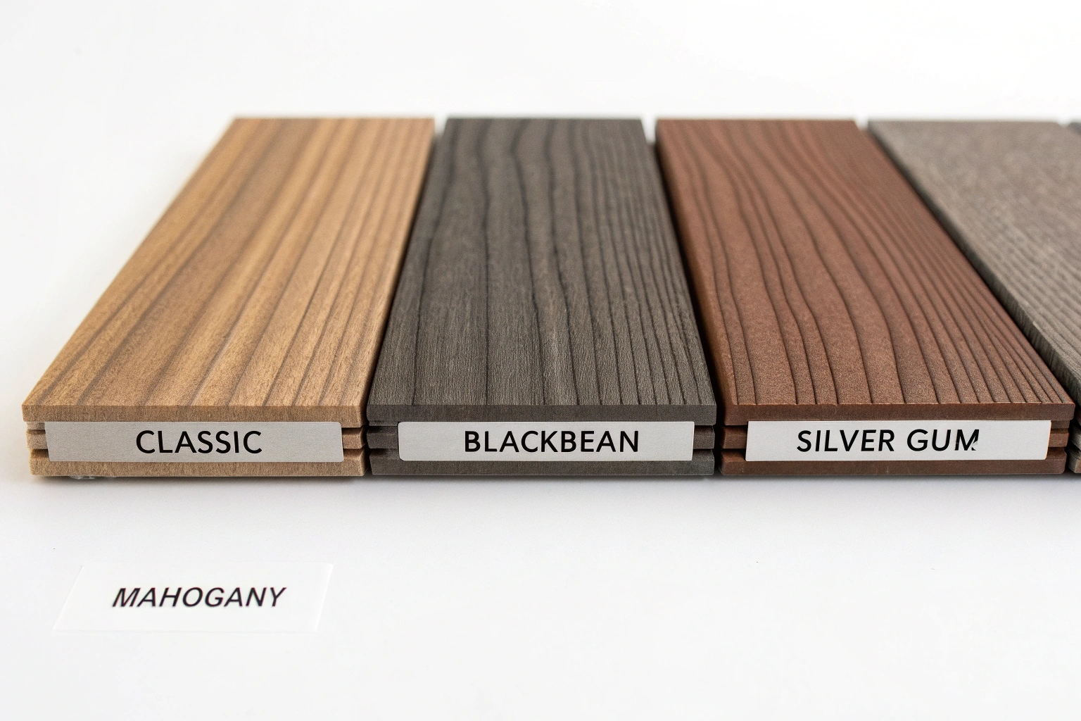 ModWood composite decking color range showing Classic, Blackbean, Silver Gum and Mahogany options for Sunshine Coast installations