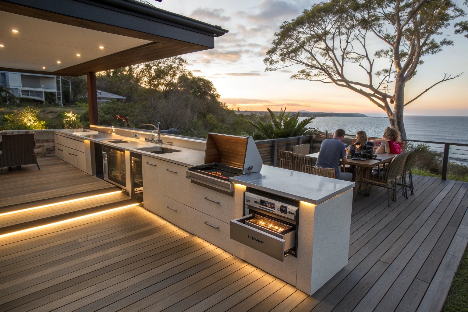 Custom deck features Sunshine Coast - integrated outdoor kitchen, built-in seating and storage solutions