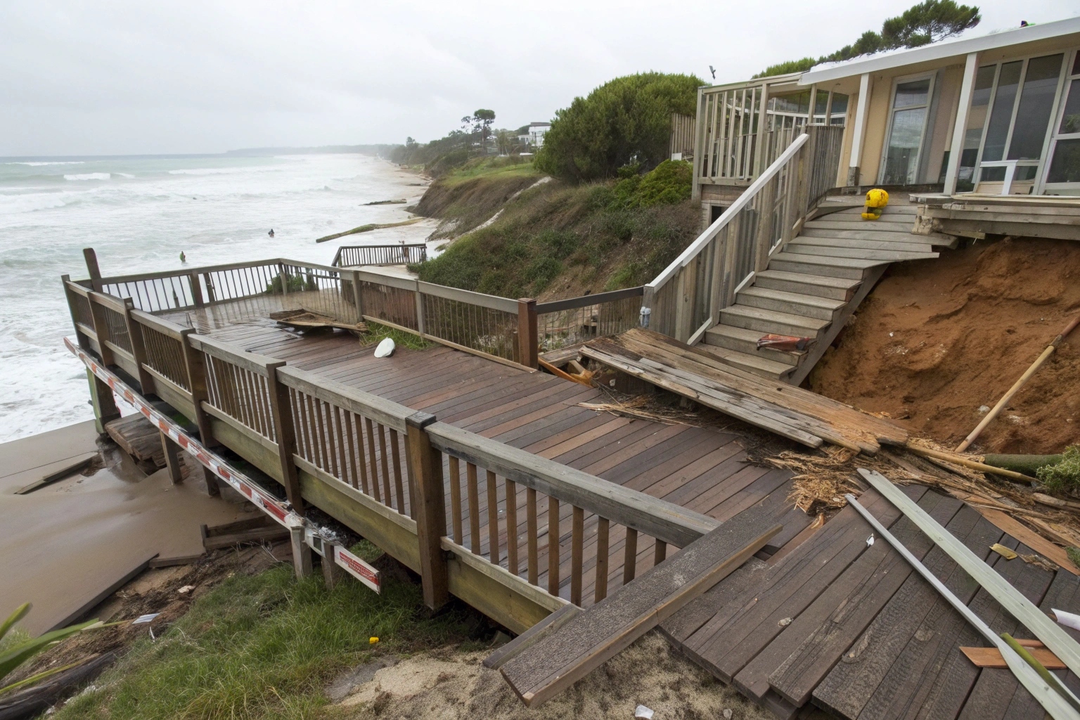 Storm-damaged deck requiring emergency professional demolition services on Sunshine Coast property