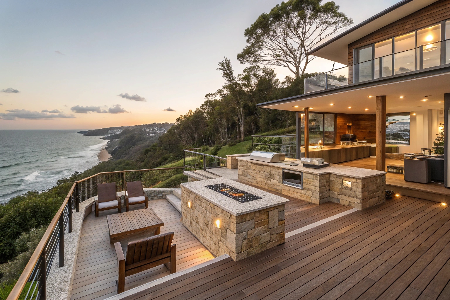 Custom deck design and build Sunshine Coast - multi-level deck with ocean views and integrated outdoor kitchen