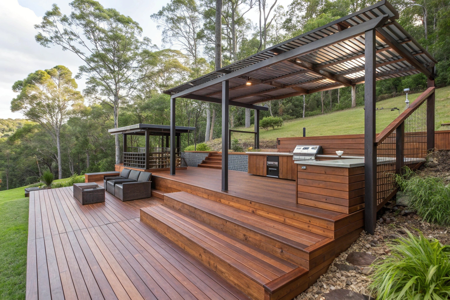Multi-level Merbau deck design with integrated features showcasing a premium outdoor living space