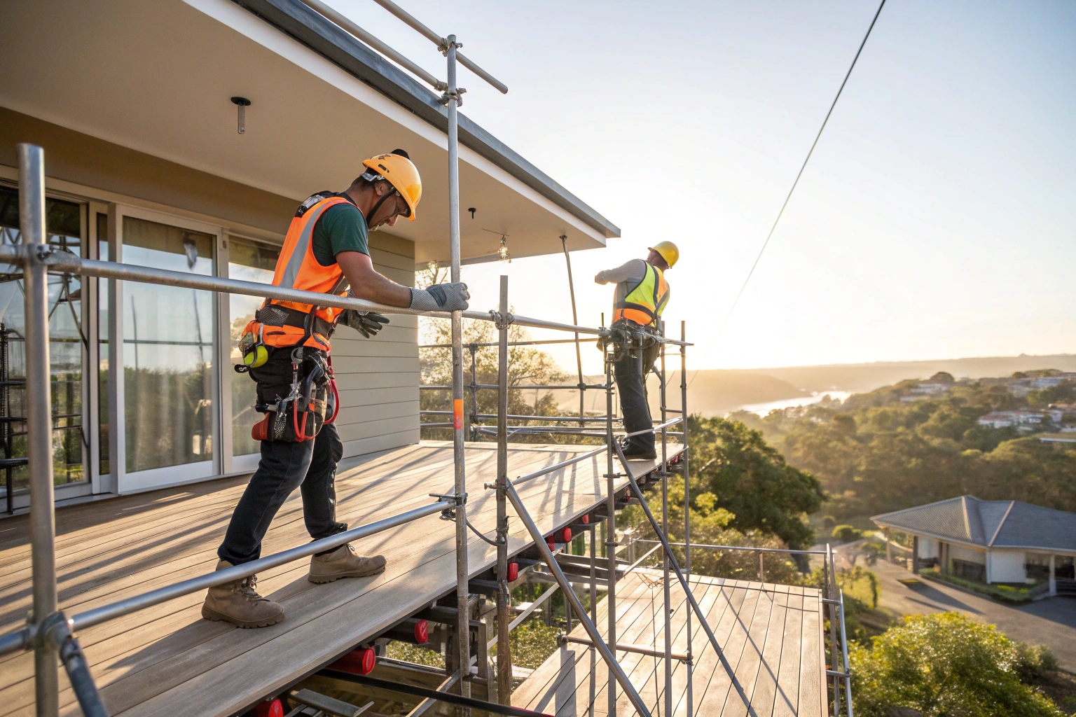 Professional elevated deck installation crew using safety equipment and scaffolding on Sunshine Coast high-set home