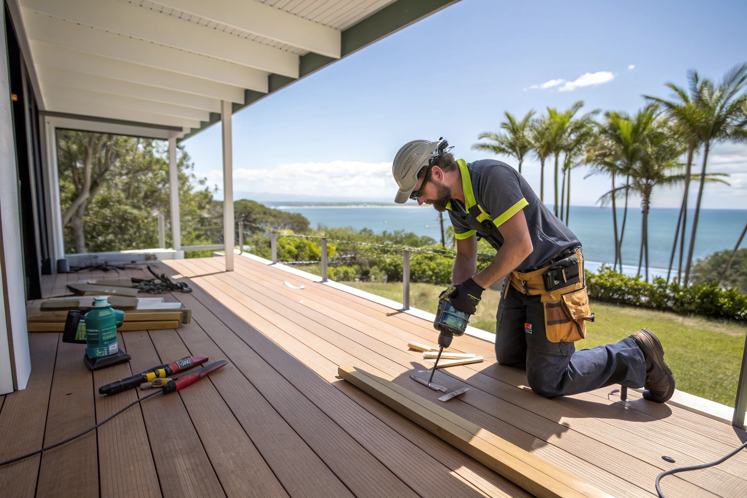 Professional hardwood decking installation using marine-grade fixings and expert techniques on the Sunshine Coast