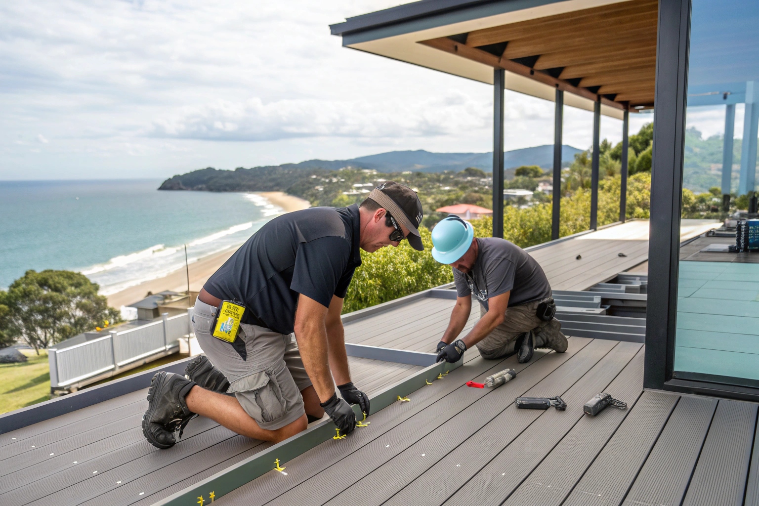 Professional Ekodeck composite decking installation process on Sunshine Coast showing sustainable construction practices