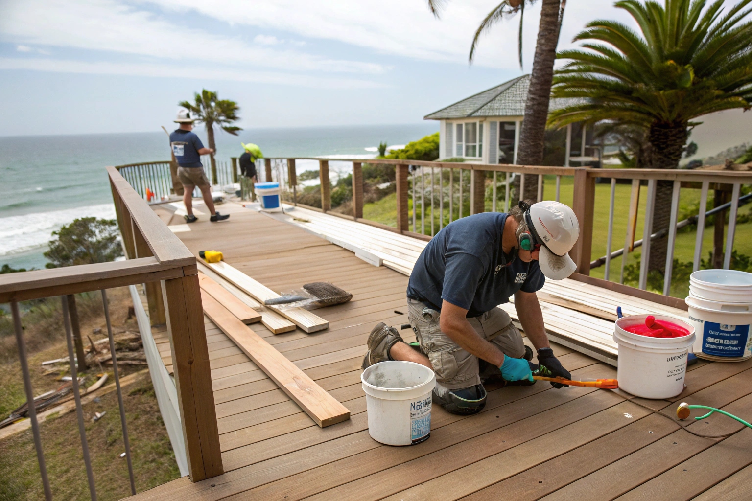 Professional deck restoration work in progress, applying protective treatments to the Sunshine Coast timber deck