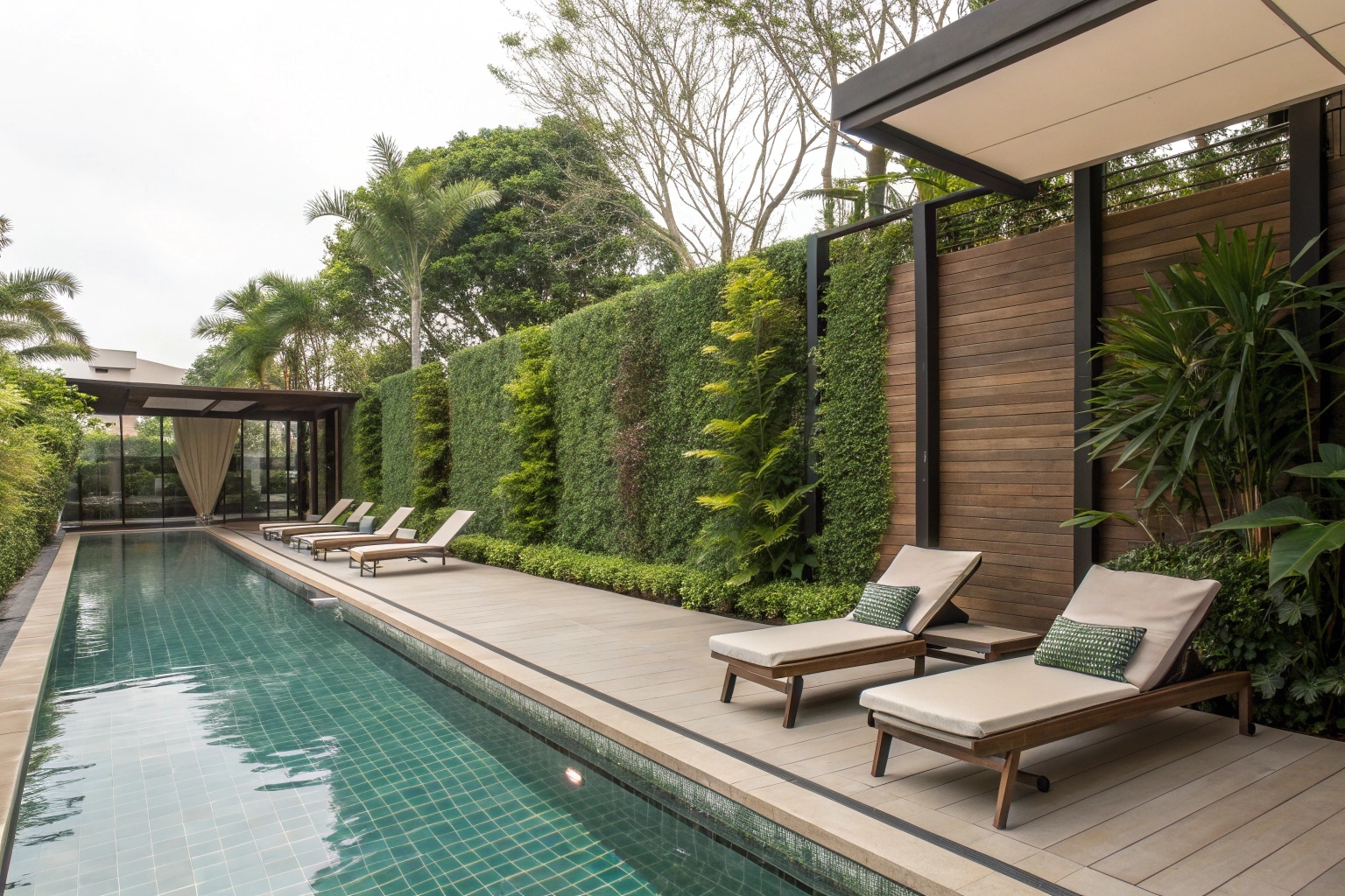 Pool deck privacy walls creating intimate outdoor entertaining space Sunshine Coast