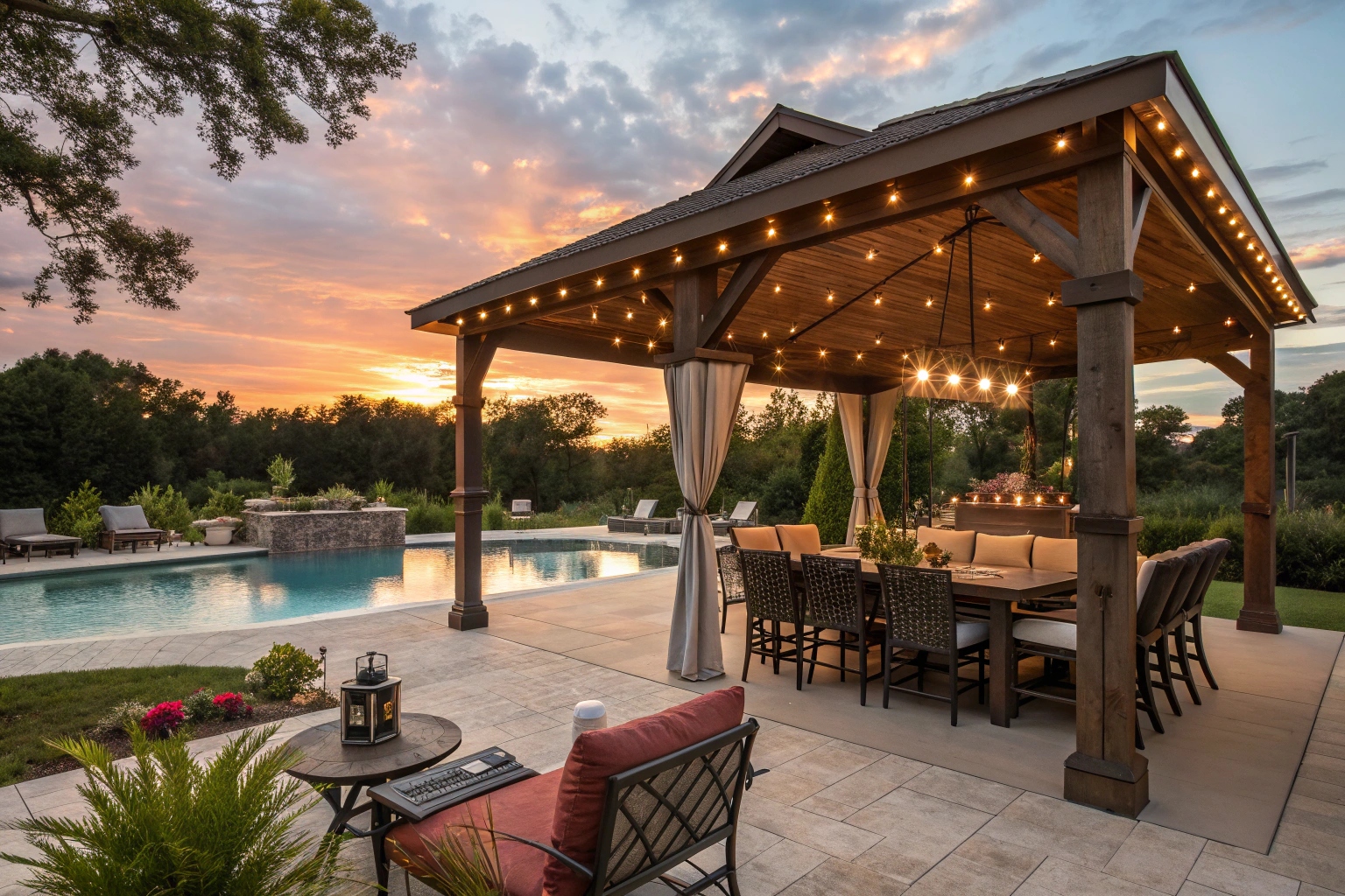 Outdoor pavilion with dining area and pool deck on Sunshine Coast property