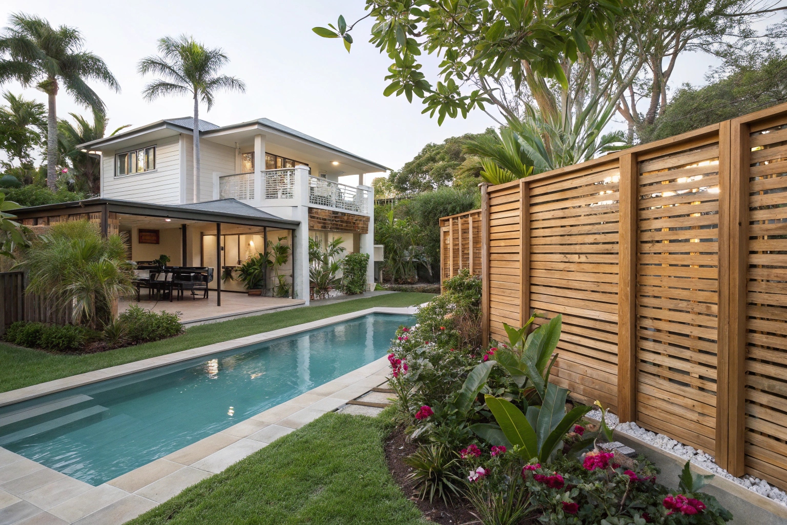 modern-timber-privacy-screen-around-a-backyard-poo Privacy screen installation around pool area on Sunshine Coast property