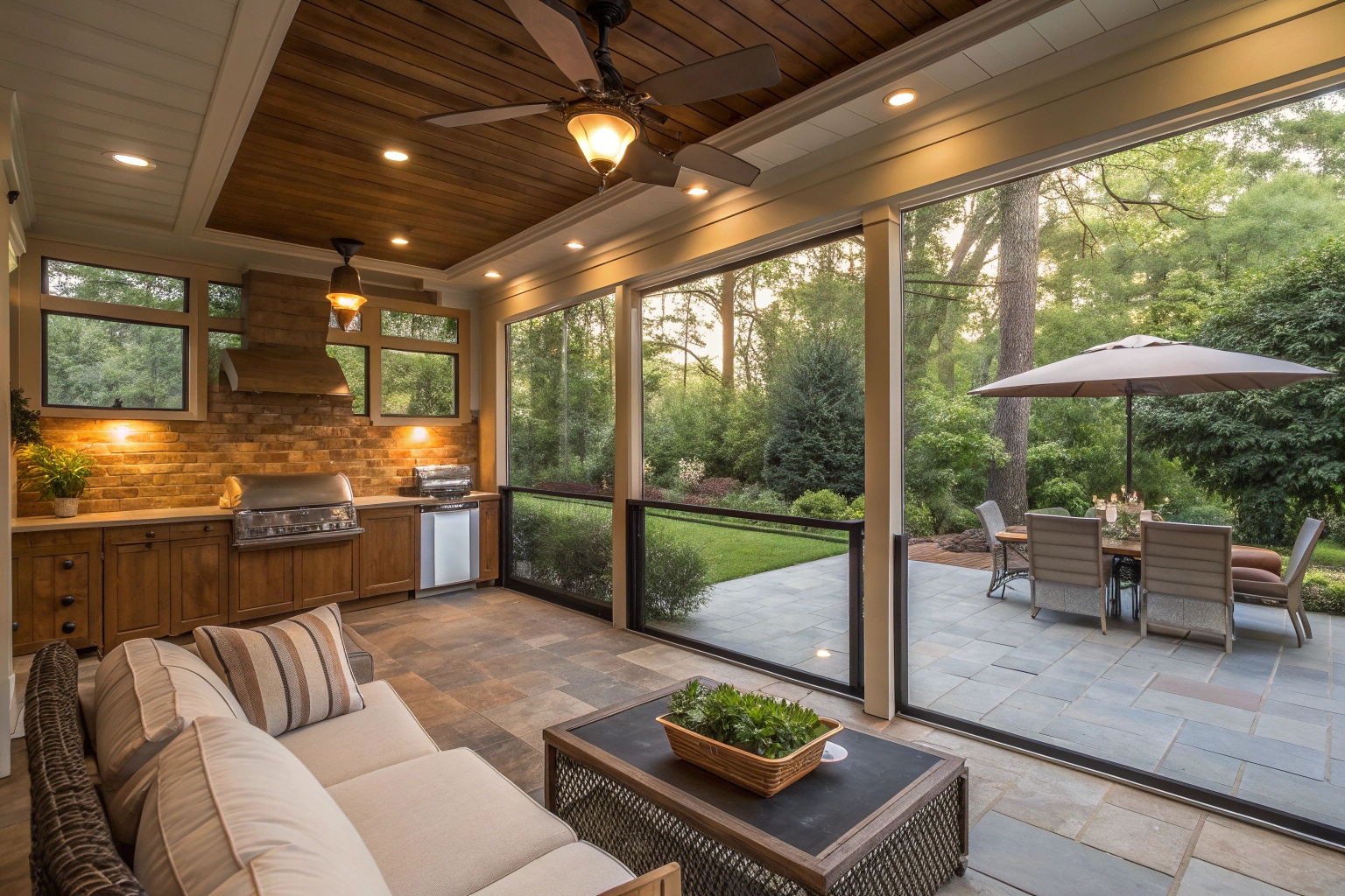 Enclosed outdoor living space Sunshine Coast featuring bi-fold screens and integrated outdoor kitchen
