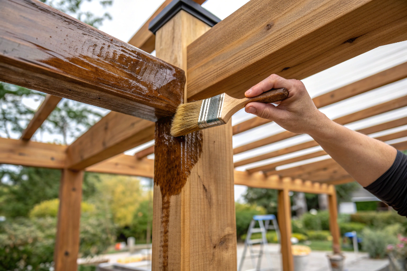 Applying protective oil finish to hardwood timber pergola post for coastal weather protection