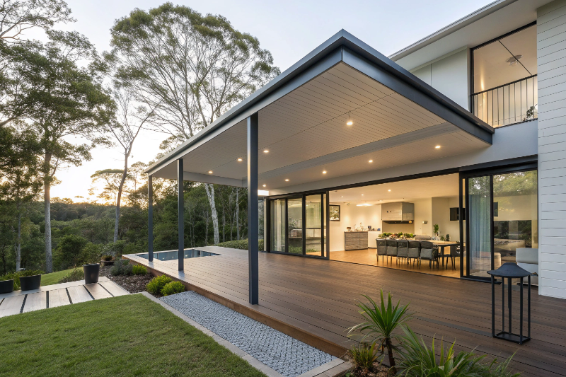 Contemporary verandah design Sunshine Coast modern home with steel posts and composite decking