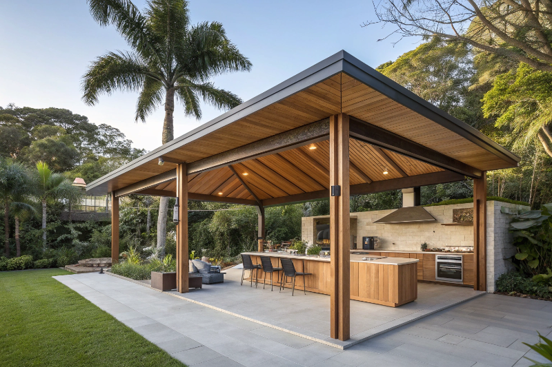Modern outdoor pavilion construction Sunshine Coast with Colorbond steel roof and outdoor kitchen
