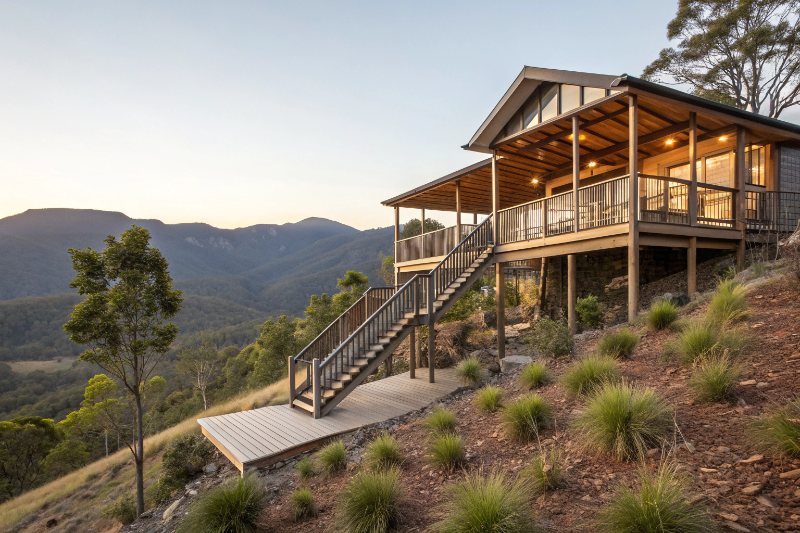 Multi-level outdoor pavilion built on sloping block Sunshine Coast with elevated deck design