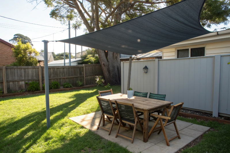 Outdoor dining area protected by shade sail Sunshine Coast
