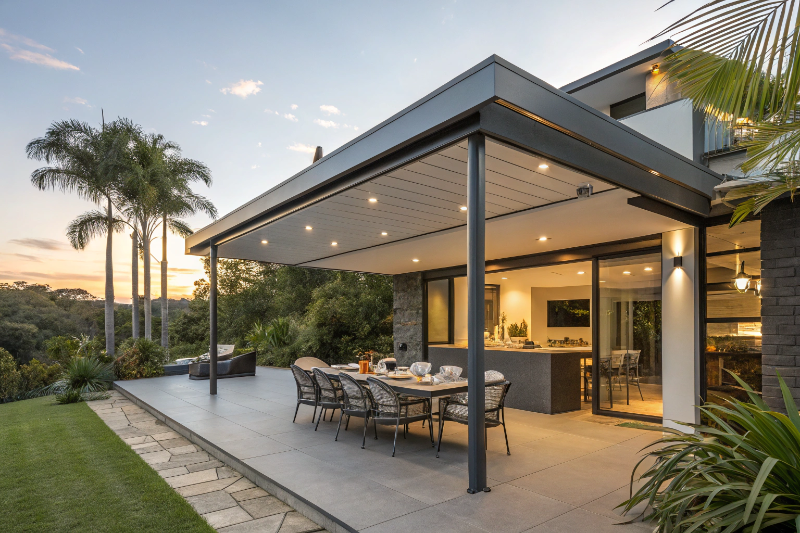 Professional patio cover installation Sunshine Coast with insulated roof protecting outdoor entertaining area