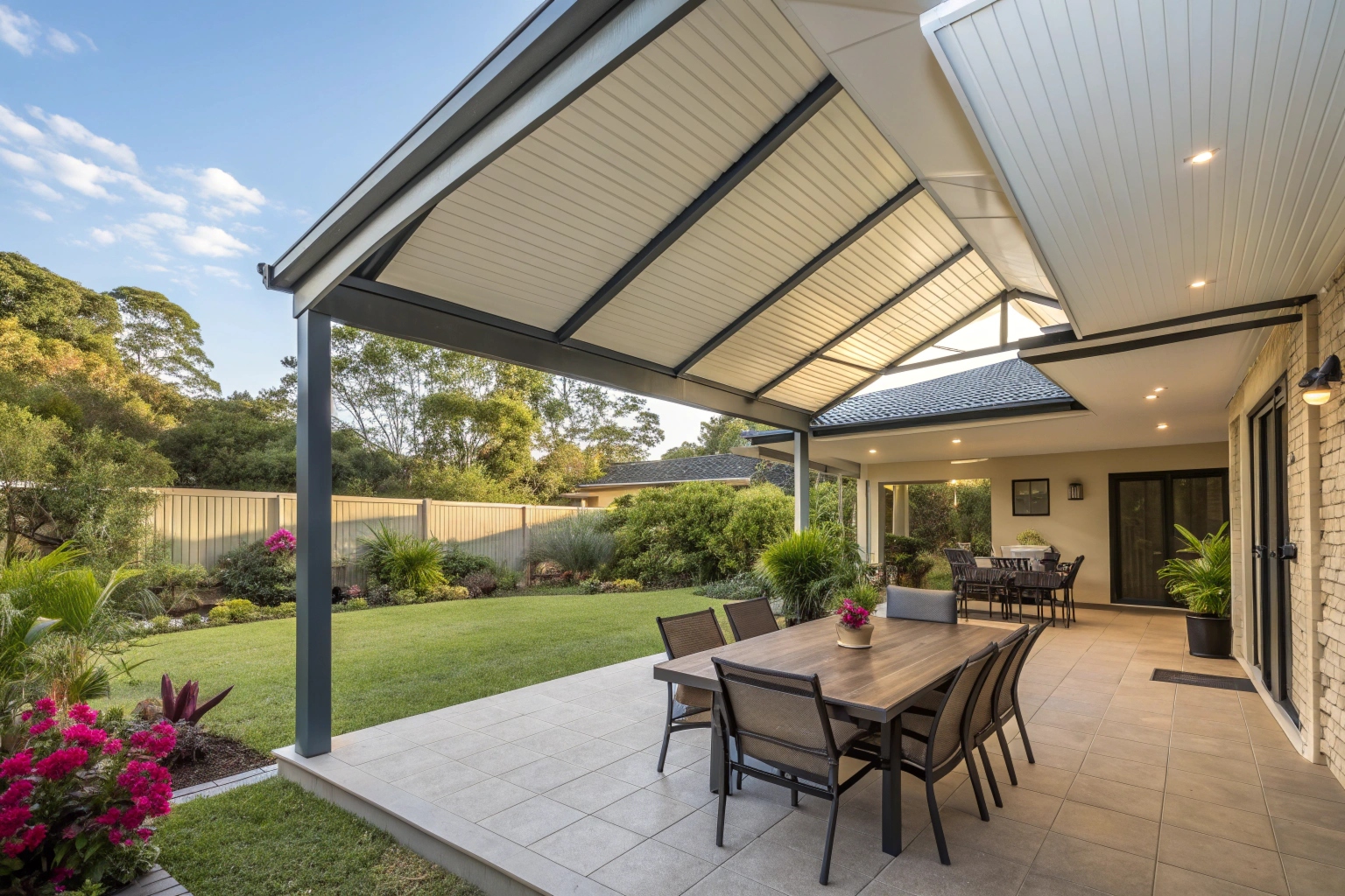Custom gable patio Sunshine Coast with outdoor dining area and Colorbond roof