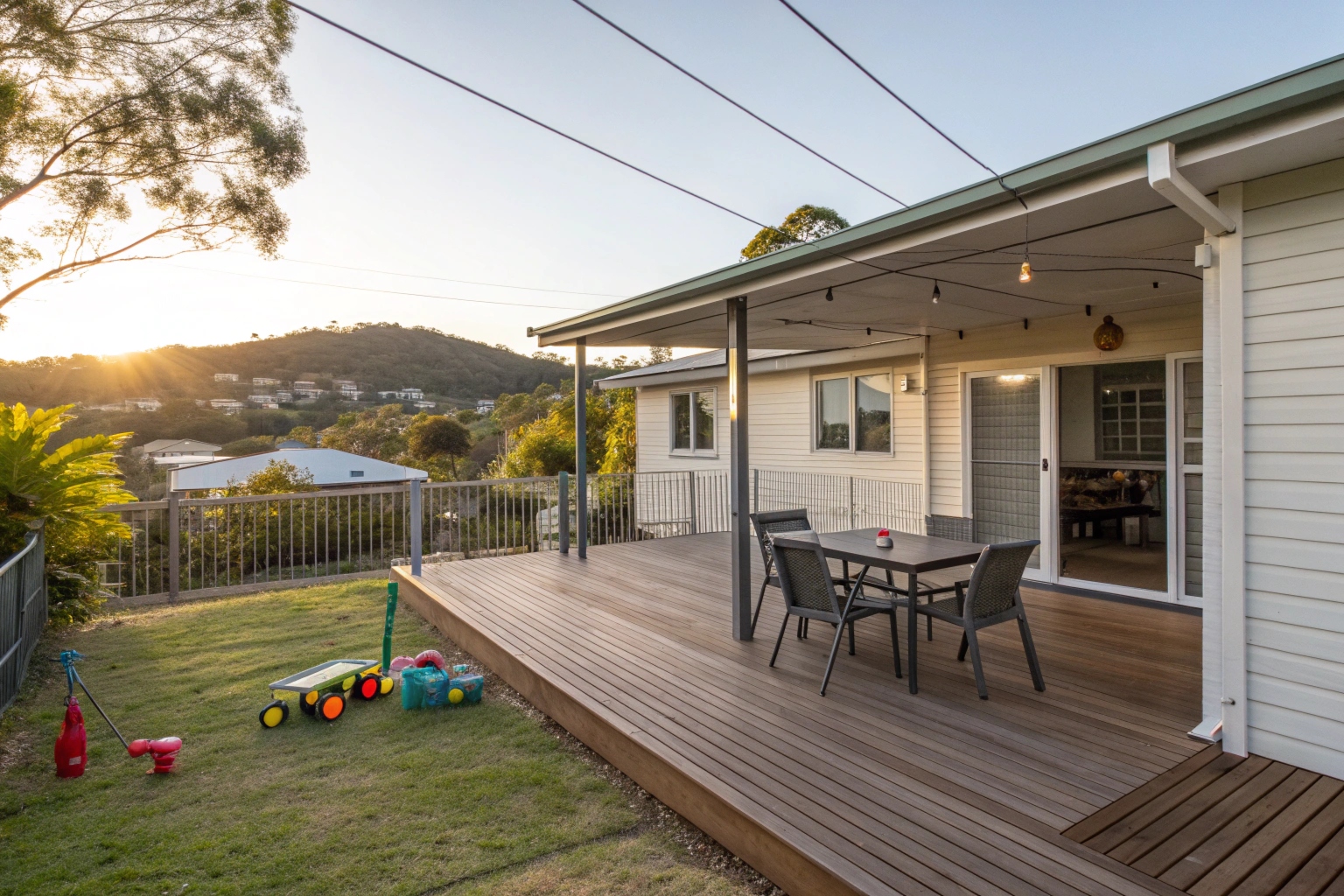 a timber deck attached to a single-story Queenslander style home, simple rectangular design with basic outdoor table and chairs, kids toys visible