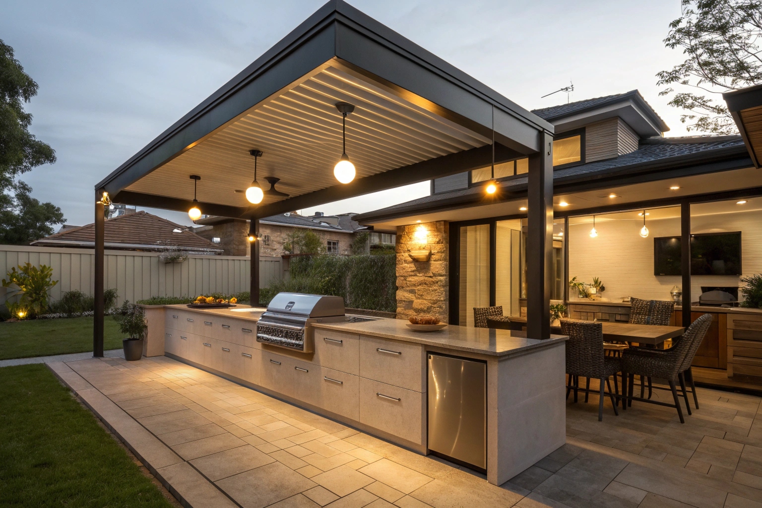 Outdoor kitchen under flat roof patio Sunshine Coast with built-in BBQ area