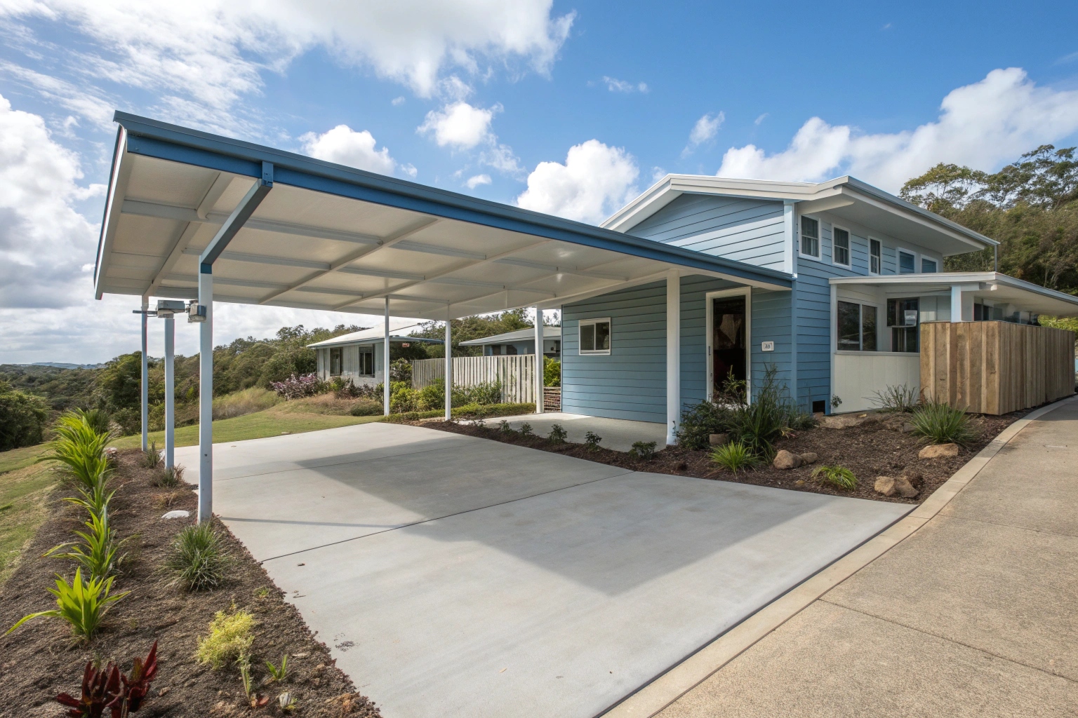 Attached carport seamlessly integrated with Queensland coastal home architecture