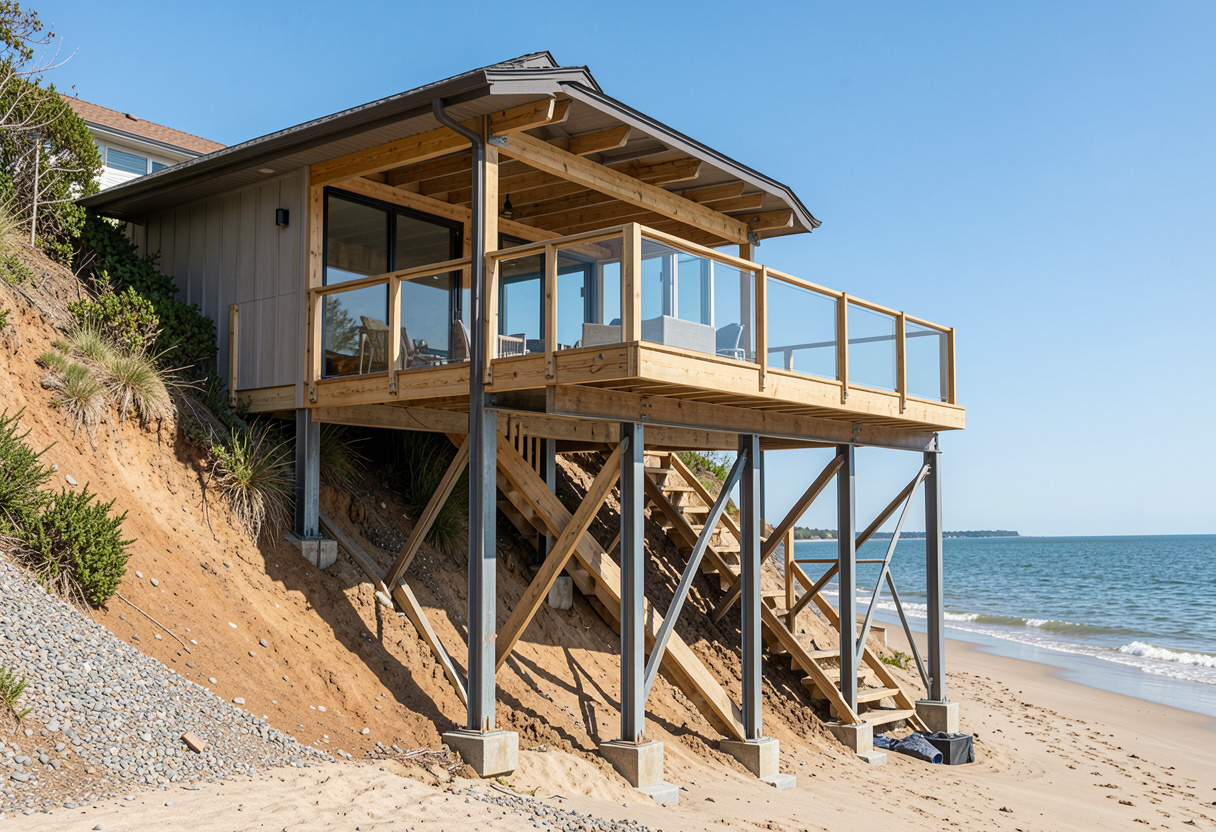 deck being built on a hard-sloping beachfront block Sunshine Beach