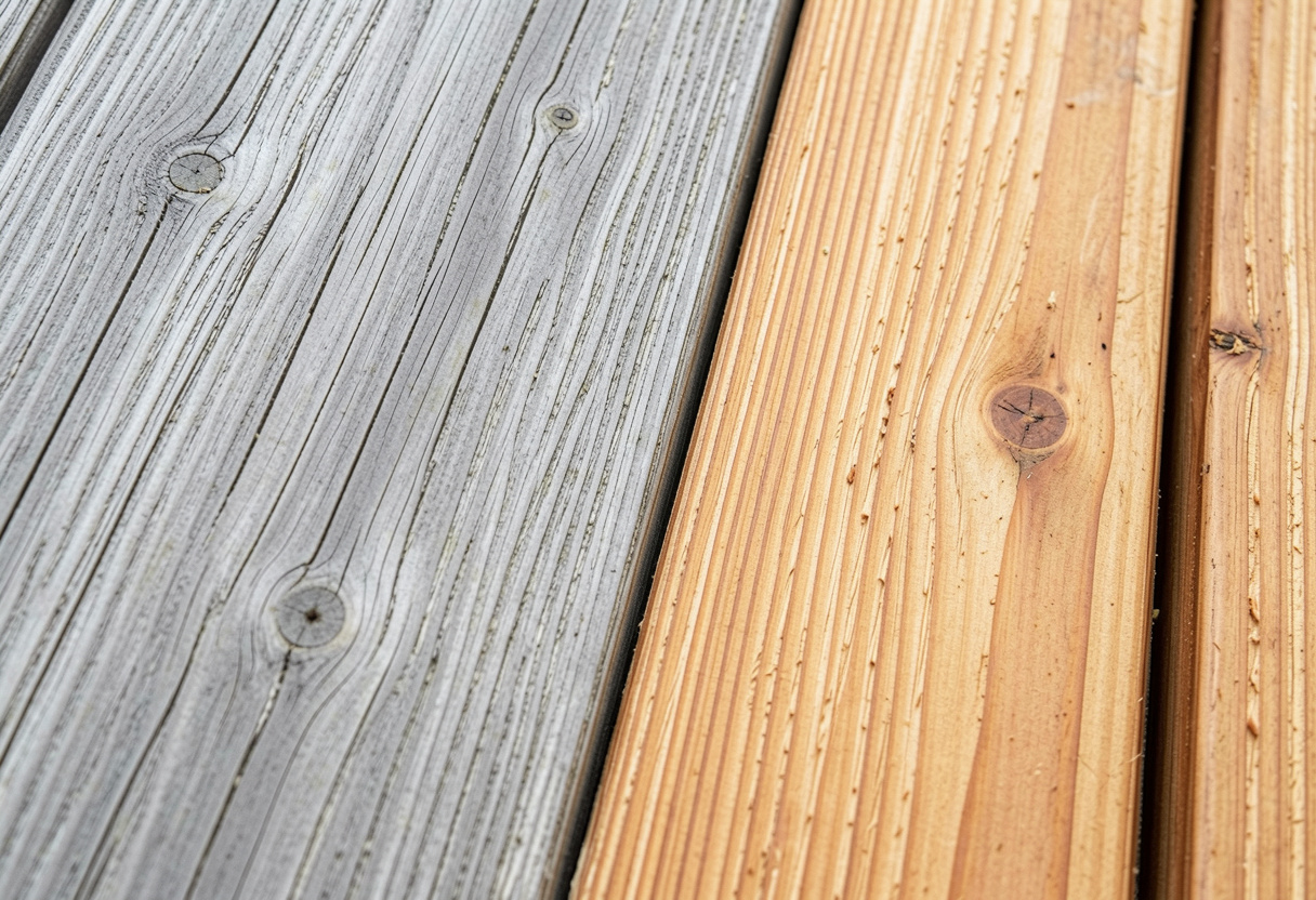 weathered grey timber deck being restored